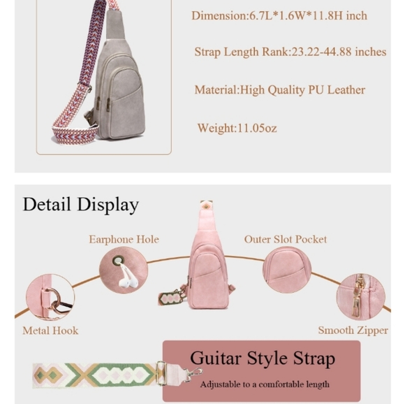 Vegan Leather Trendy Small Sling Bag Crossbody Bag with Guitar Strap NEW - Picture 8 of 9